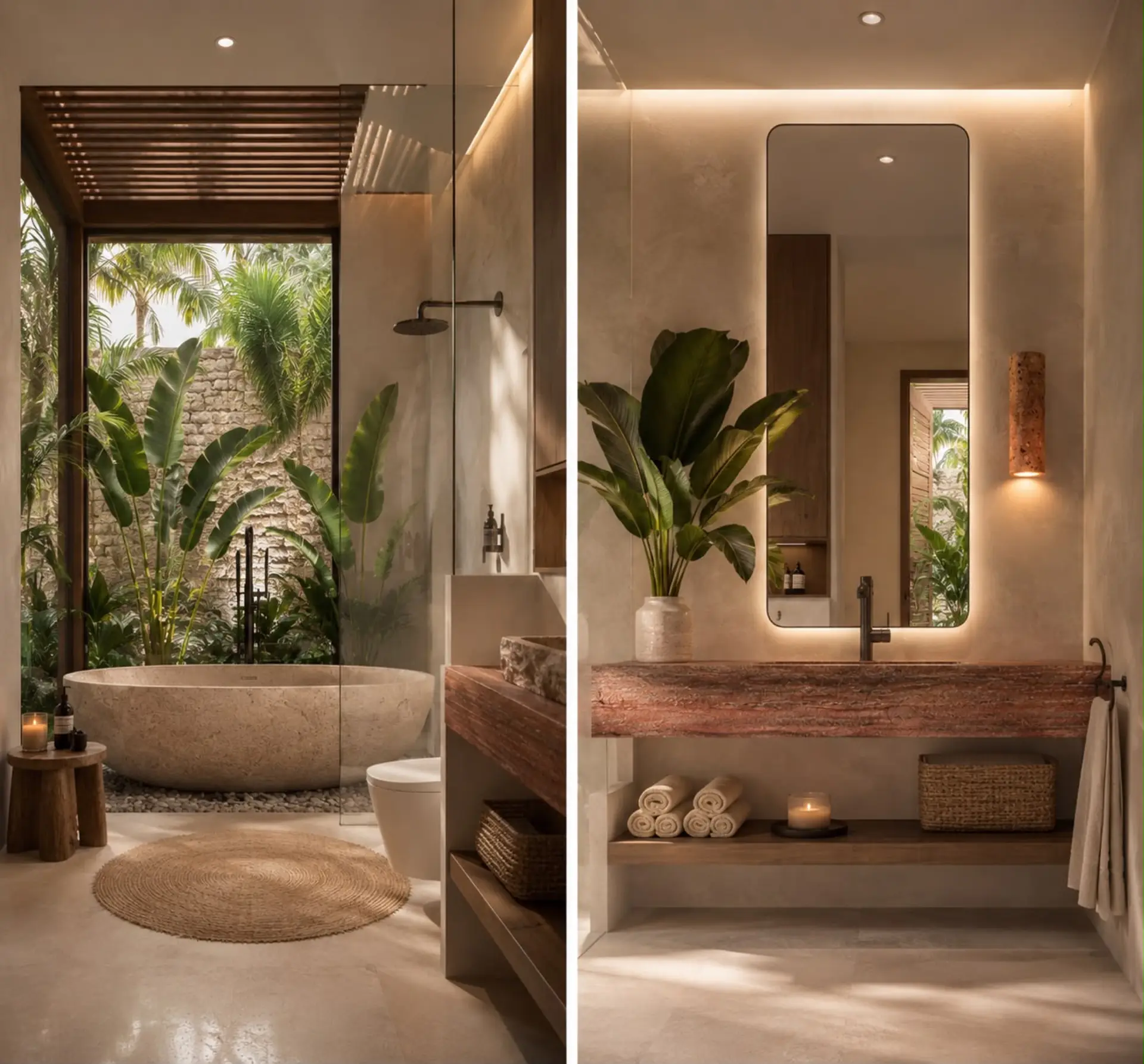 Natural stone bathroom and outdoor shower