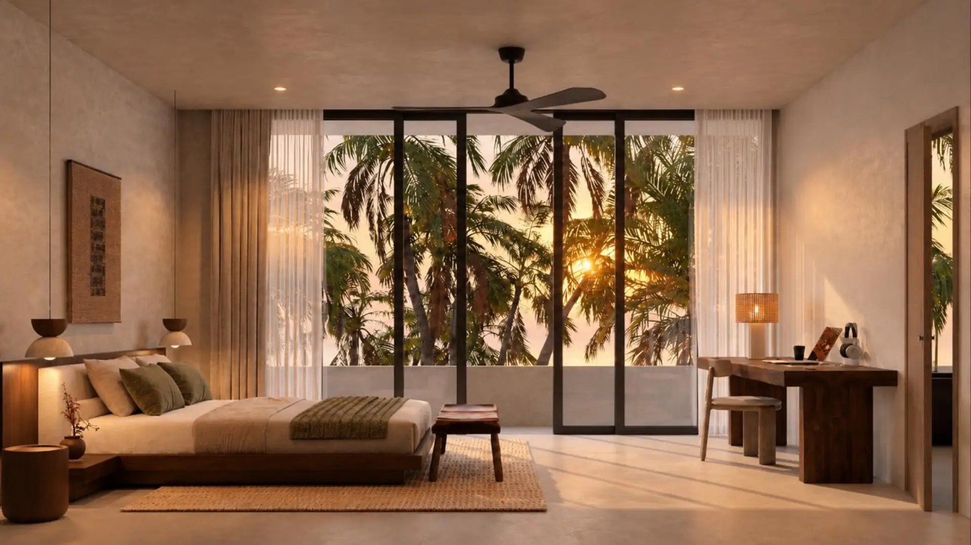 One-bedroom villa bedroom opening towards the pool