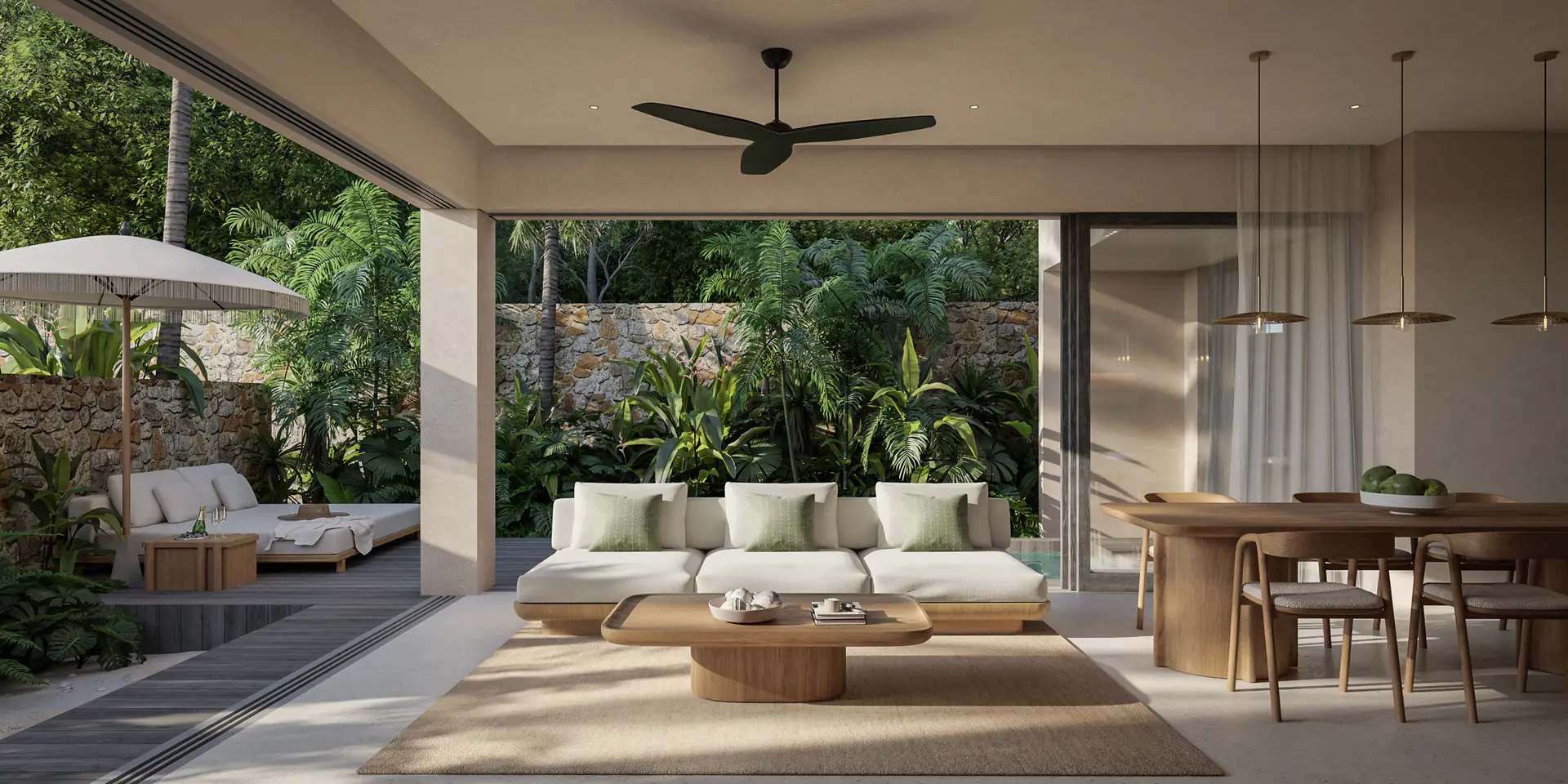 Three-bedroom villa living room opening to the courtyard